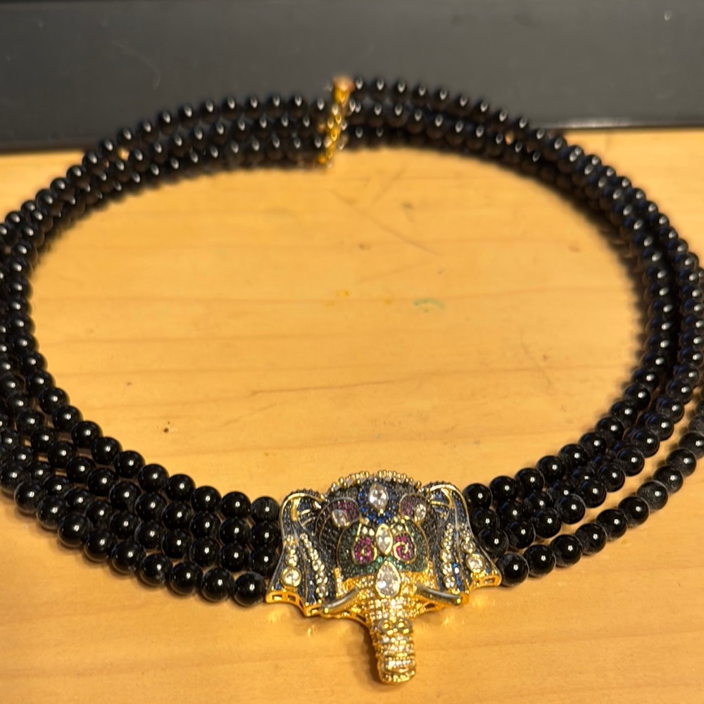 Elegant Black Beaded Elephant Necklace